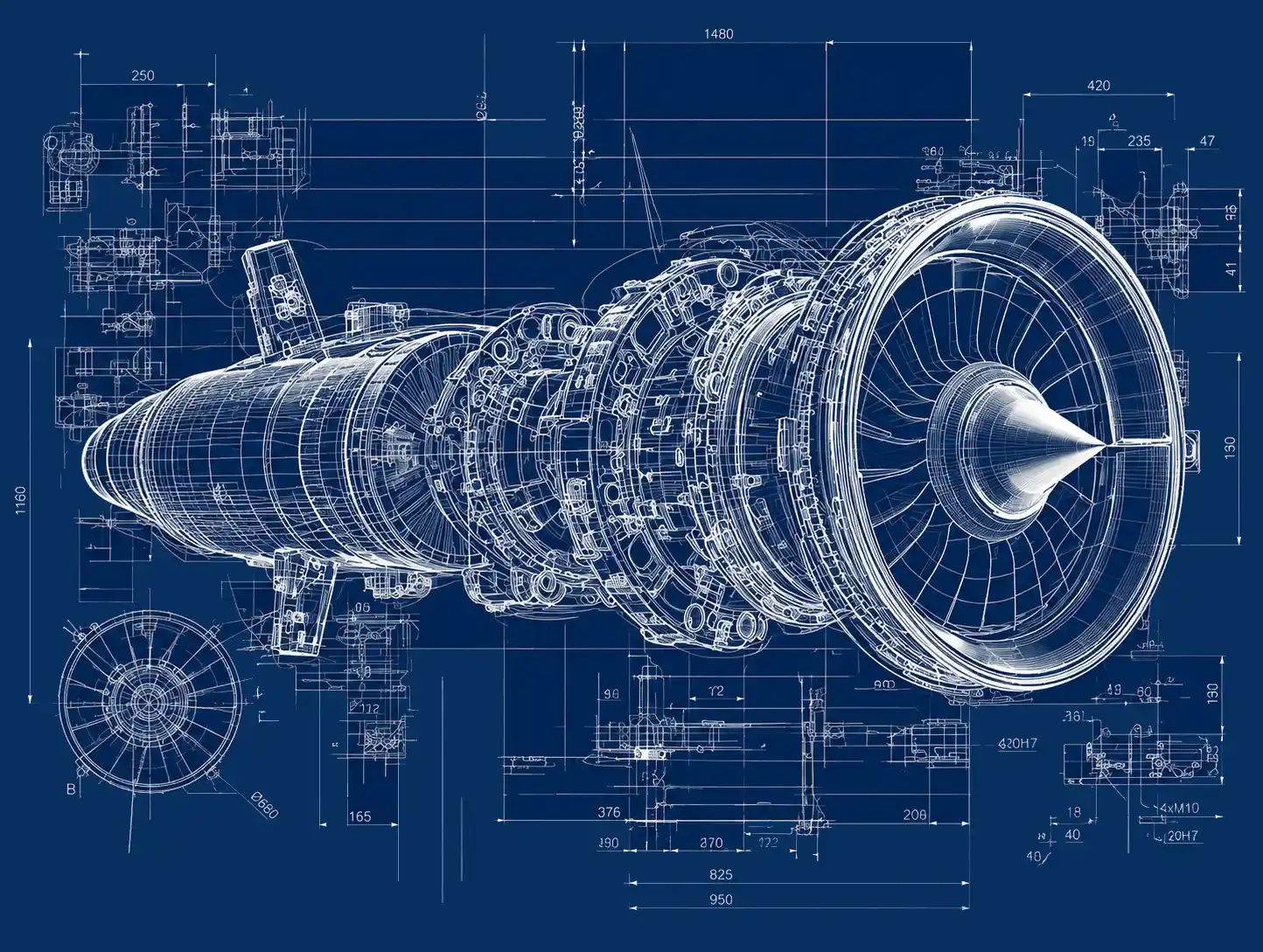 Detailed aerospace jet engine blueprint illustration representing technical aerospace engineering, aviation manufacturing, and aerospace SEO expertise
