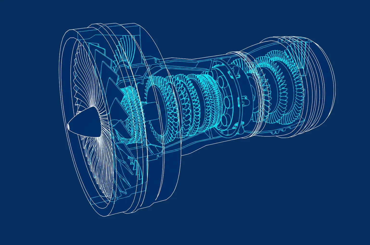 Aircraft turbine engine wireframe blueprint illustration