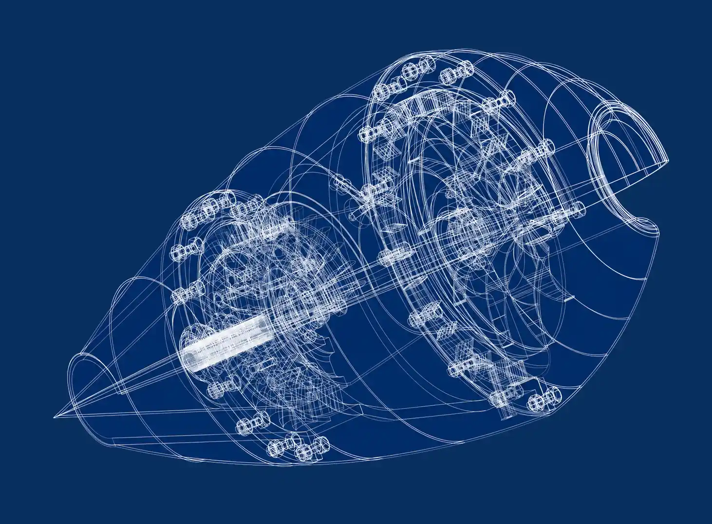 Aerospace turbine engine wireframe blueprint illustration