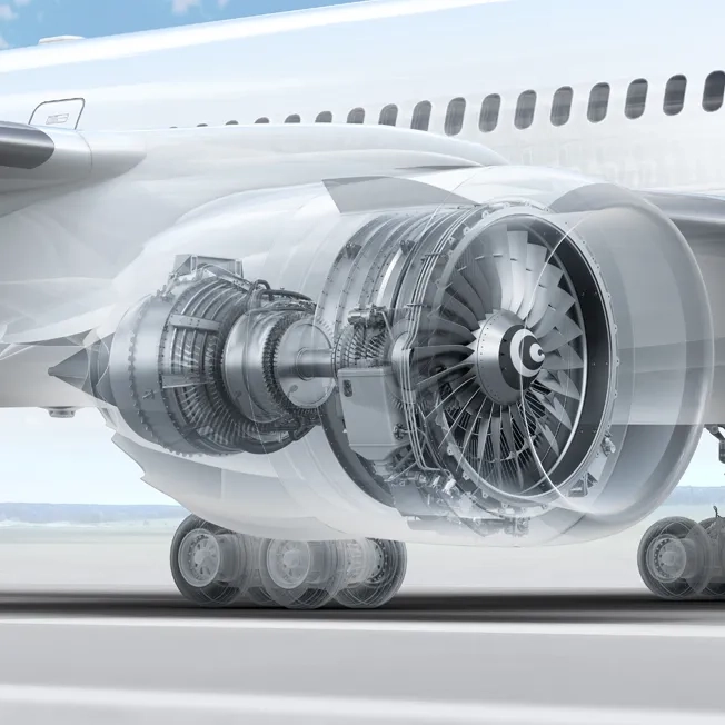 Transparent aircraft jet engine cutaway showing internal turbine components