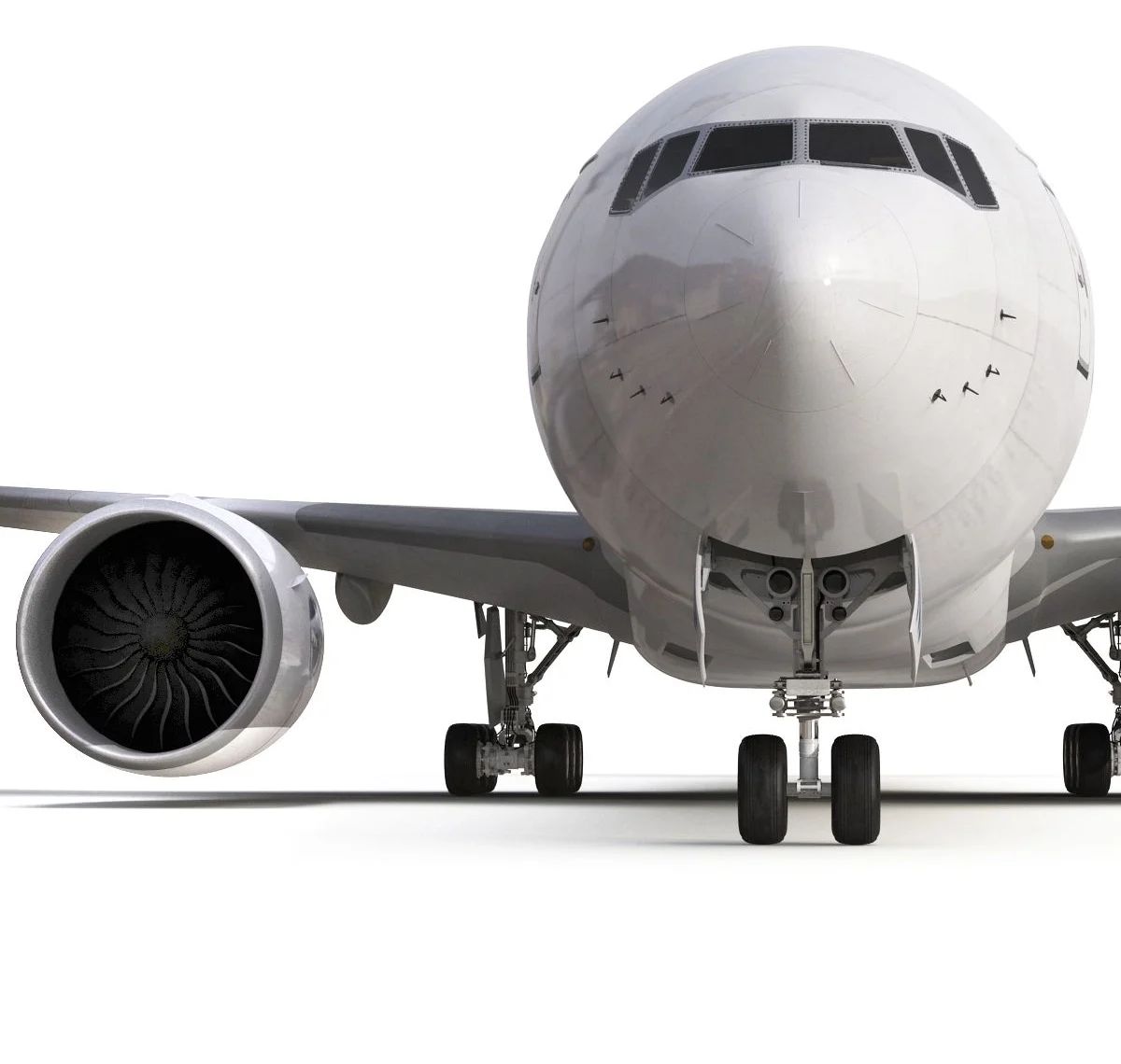 Front view of modern commercial aircraft with twin jet engines