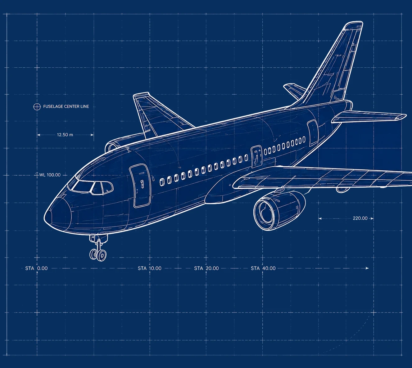Commercial aircraft blueprint illustration with technical aerospace design details