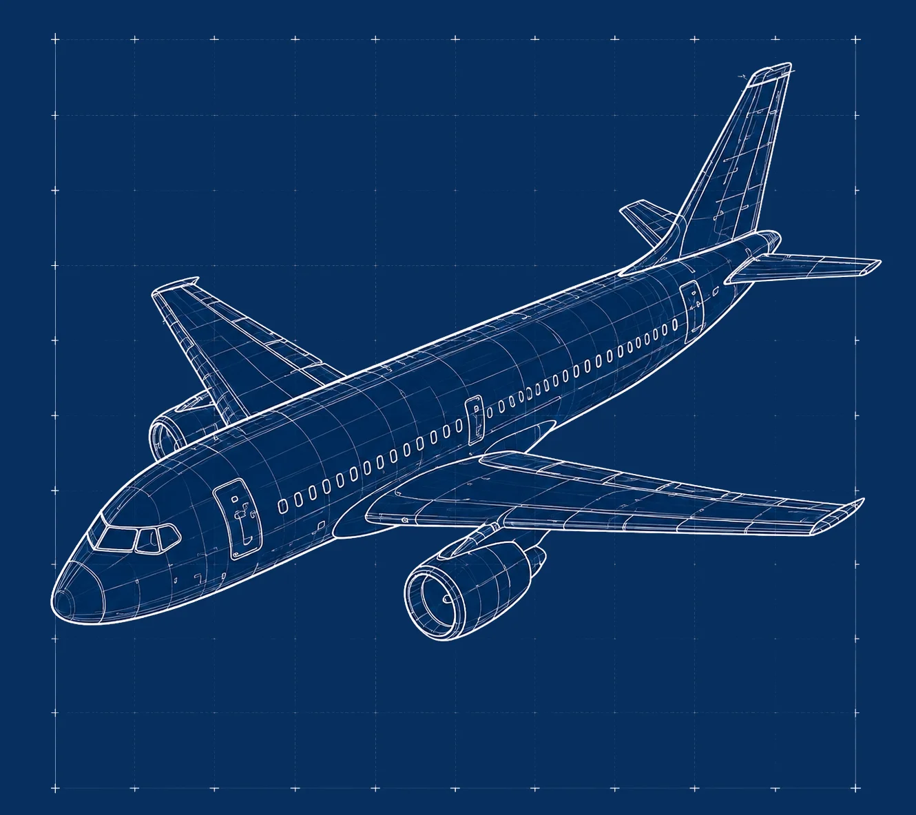 Technical passenger aircraft wireframe blueprint rendering