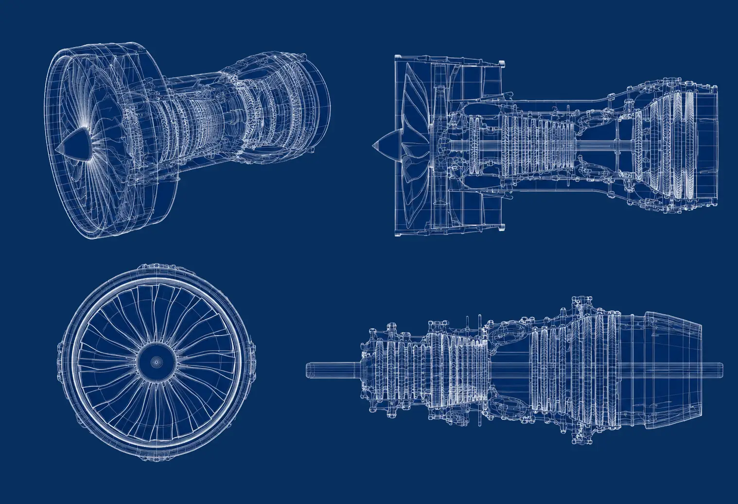 Aircraft turbine engine blueprint illustrations from multiple technical views