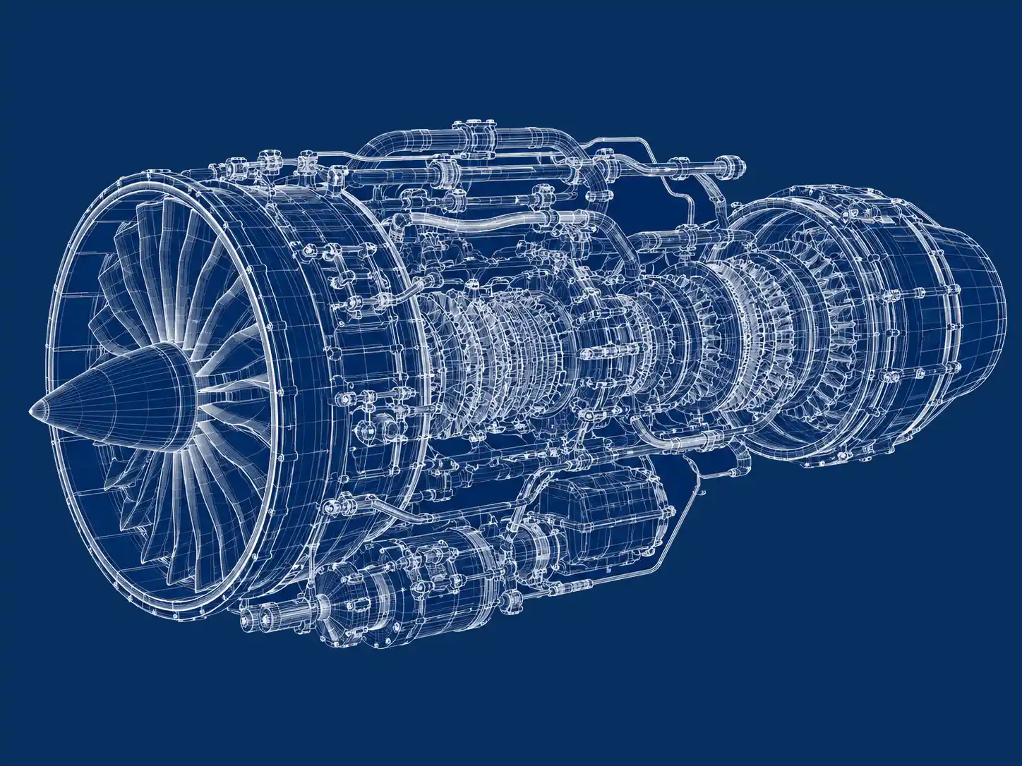 Detailed aircraft turbine engine wireframe blueprint illustration